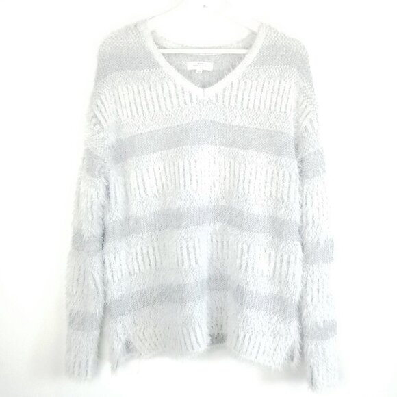 NEW Directions S Eyelash Fringe Knit sweater Gray Stripes Soft & Cozy‎ - Picture 1 of 7